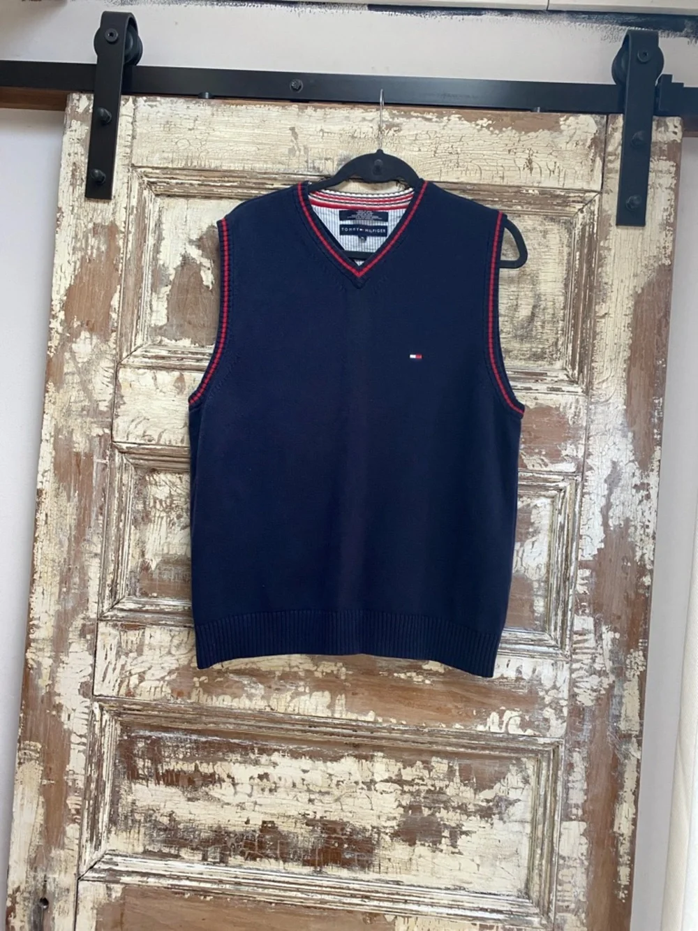 Vintage Tommy Hilfiger Cotton Navy V-Neck Sweater Vest with Red Trim, Size M